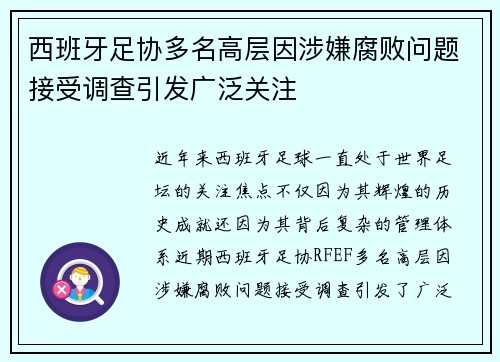 西班牙足协多名高层因涉嫌腐败问题接受调查引发广泛关注 西班牙足协多名高层因涉嫌腐败问题接受调查引发广泛关注